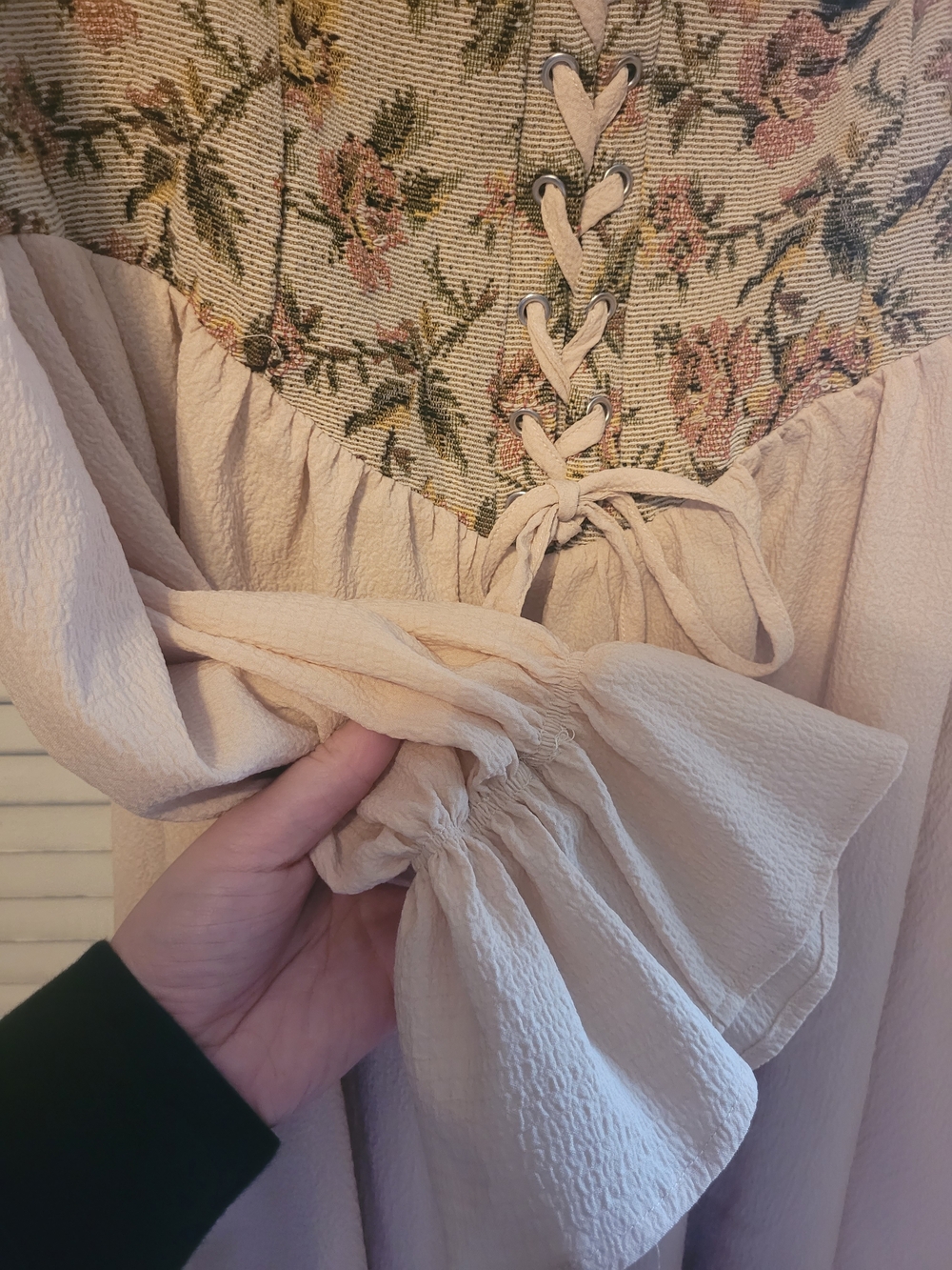 Blush Pink Peasant Dress with Floral Corset Waist - Picture 4 of 6